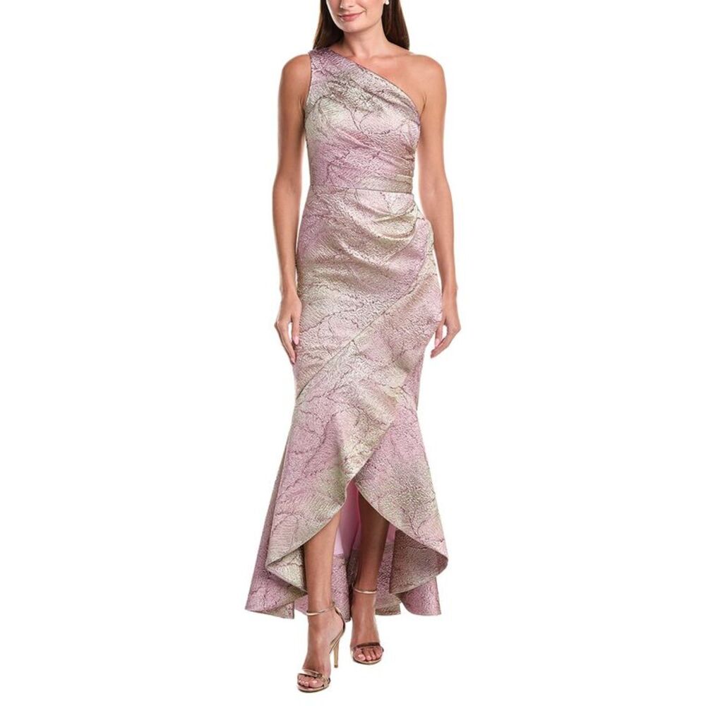 Teri Jon By Rickie Freeman Womens Metallic Jacquard Leaf Pattern High-Low